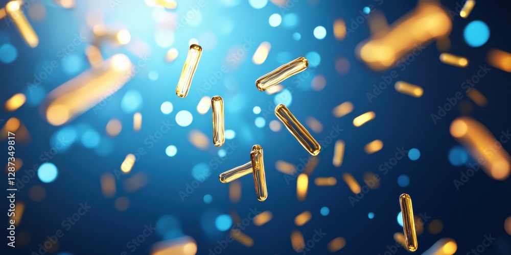 Poster a dynamic scene of golden particles floating in a blue background, creating a vibrant and energetic 