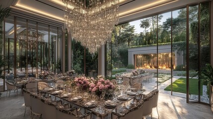 Luxurious dining room, garden view, sunset, event preparation