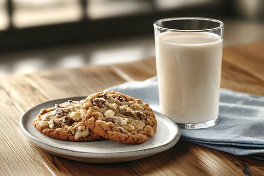 Chocolate chip cookies and a glass of milk on a wooden table