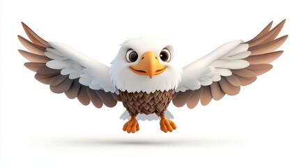 Adorable Cartoon Eagle in Flight Against White Background