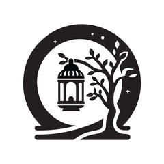 Lantern Hanging on Tree Branch Silhouette Vector Illustration