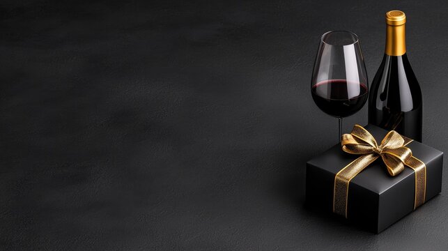 Red wine gift, elegant black background, celebration