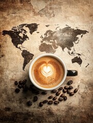 A latte art coffee cup sits atop a world map, surrounded by coffee beans, symbolizing a global love for coffee.