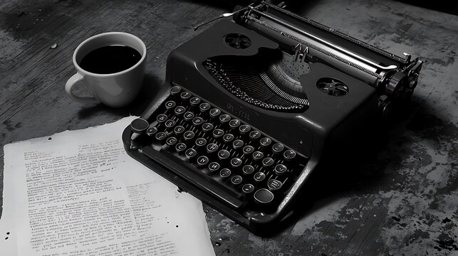 Vintage Typewriter and Coffee Cup on Desk in Black and White
