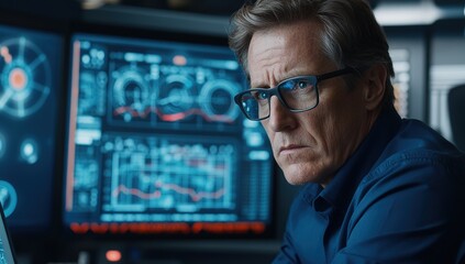 Analyst Reviews Complex Data Charts, Scrutinizing Metrics Carefully in a Technological Setting.