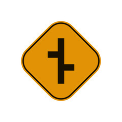 Unregulated intersection with an adjacent road. Offset side Road Warning Traffic Sign vector illustration, black symbol on yellow rhombus shape plate. Editable graphic resources for many purposes.