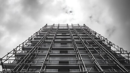 Fototapeta premium Scaffolding on Building Construction Site Against Cloudy Sky Black and White