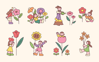 A whimsical floral illustration featuring children interacting with flowers in a charming garden setting. Cute and playful flat design, perfect for spring-themed designs, children's books