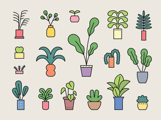 A stylish collection of potted plant illustrations in a minimal and modern flat design. Featuring a variety of houseplants, succulents, and tropical leaves, perfect for home decor, botanical designs,