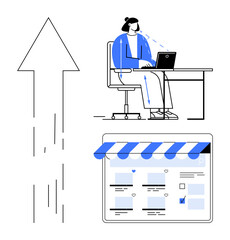 Woman sitting at desk working on laptop with online store interface, upward arrow symbolizing growth. Ideal for ecommerce, remote work, business development, efficiency, innovation, productivity