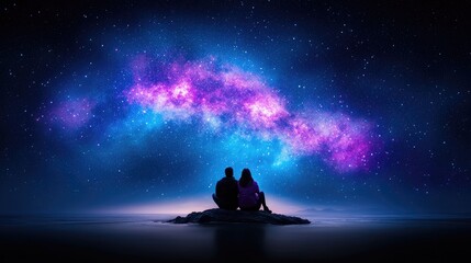 Couple watching nebula night sky, romantic seaside scene, peaceful background, ideal for love stories