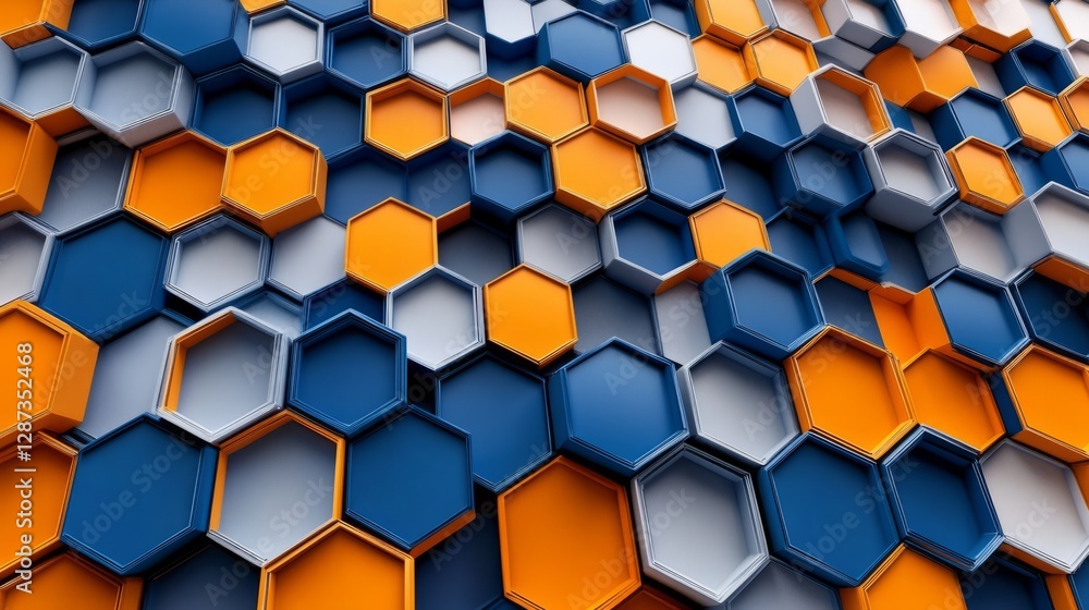 Poster blue and orange hexagonal pattern background with 3d rendering effect, featuring high-tech geometric