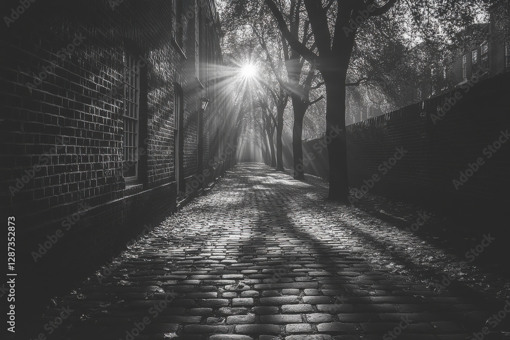 Poster a dark alleyway with a brick path and trees on either side