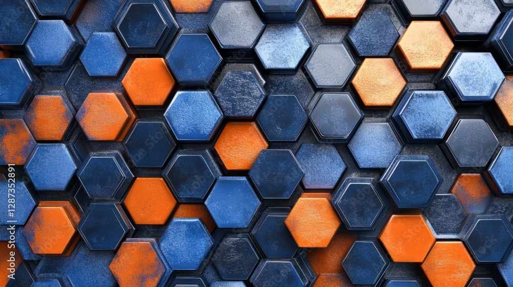 Poster blue and orange hexagonal pattern background with 3d rendering effect, featuring high-tech geometric