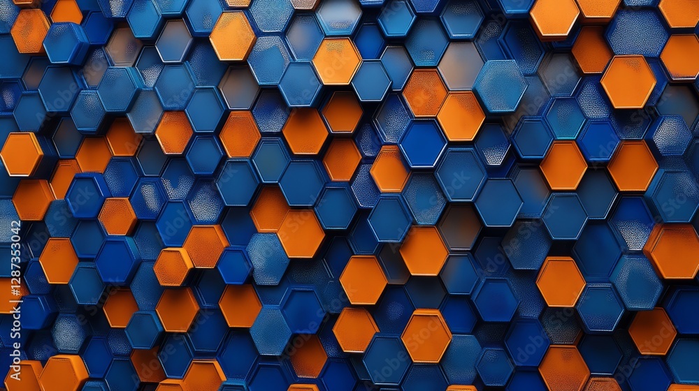 Poster blue and orange hexagonal pattern background with 3d rendering effect, featuring high-tech geometric