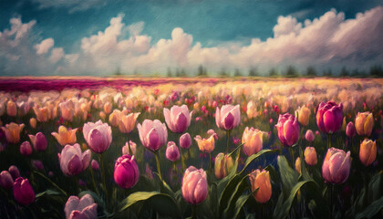 Tulip Flowers Field against the sky in painting style image, part 12