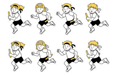 リレー・徒競走・かけっこのベクターイラスト素材セット シンプル かわいい 小学生 男子 女子