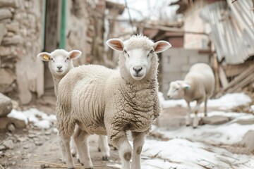 High Quality Image of Sheep and Lambs on the Street in the Village Closeup of Photo