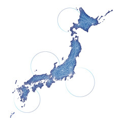 ネットワークのイメージの日本地図、日本列島の地図　通信、インフラ、物流イメージ　ブルー　白背景