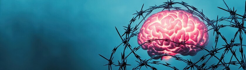A vibrant brain encased in barbed wire, symbolizing mental struggle and confinement against a blue backdrop.
