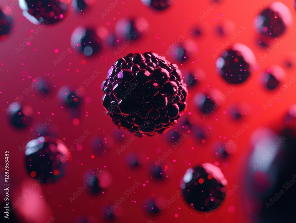 Poster a vibrant depiction of cells in a red and dark environment, showcasing their intricate structures an