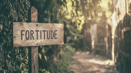 Upward Shot of Wooden Sign displaying the Word Fortitude in Nature
