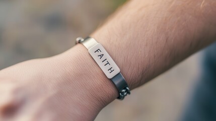 Simple Wristband on Hand with Engraved Word Faith in Close-Up