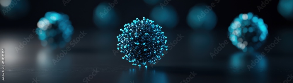 Poster a visually striking representation of microscopic particles, showcasing spherical forms with intrica