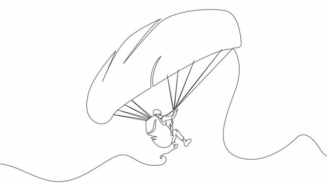 Hand-Drawn One-Line Animation of Parachute Landing, Minimalist Line Art, Continuous Outline Drawing, a Person Landing with a Parachute, Concept of Adventure and Sports.