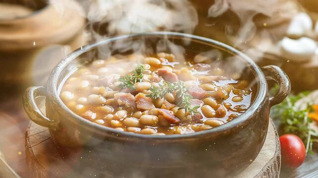 bean soup with smoked ham hot soup with smoke seamless looping overlay 4k virtual video animation background
