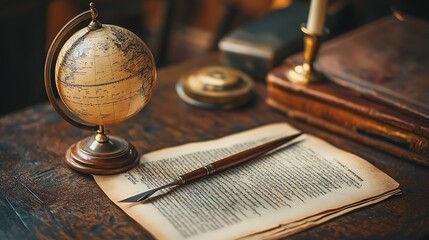 Vintage Globe and Quill Pen on Desk - Writing and Exploration Theme