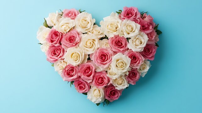 Pink and white roses heart shape on light blue background