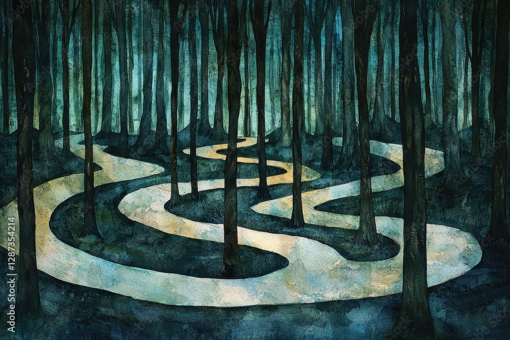 Poster a winding path cuts through a dark, abstract forest, creating a sense of mystery and tranquility.