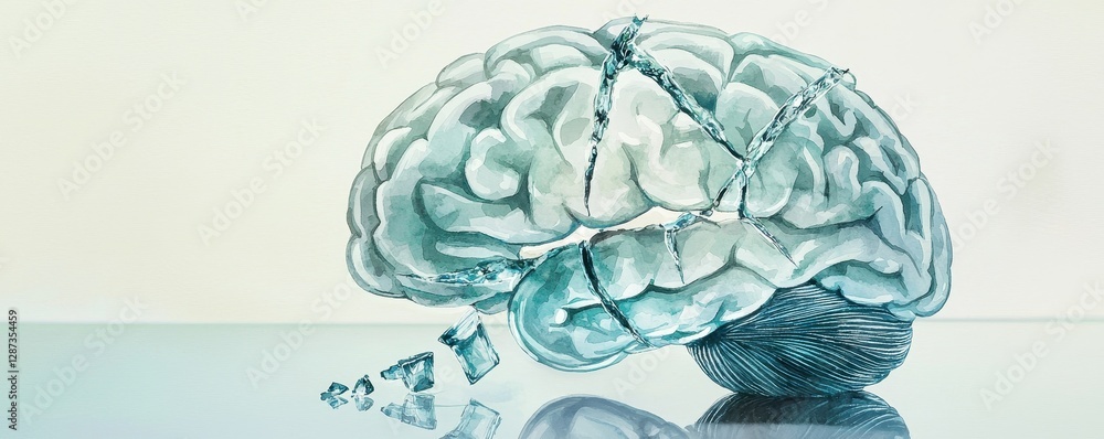 Poster an artistic representation of a brain, displayed in light colors with a cracked surface, symbolizing