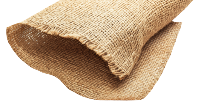 Gerolltes Jutestück mit grober Struktur, freigestellt auf transparentem Hintergrund.
