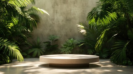 Obraz premium Circular stone podium in lush tropical garden setting.