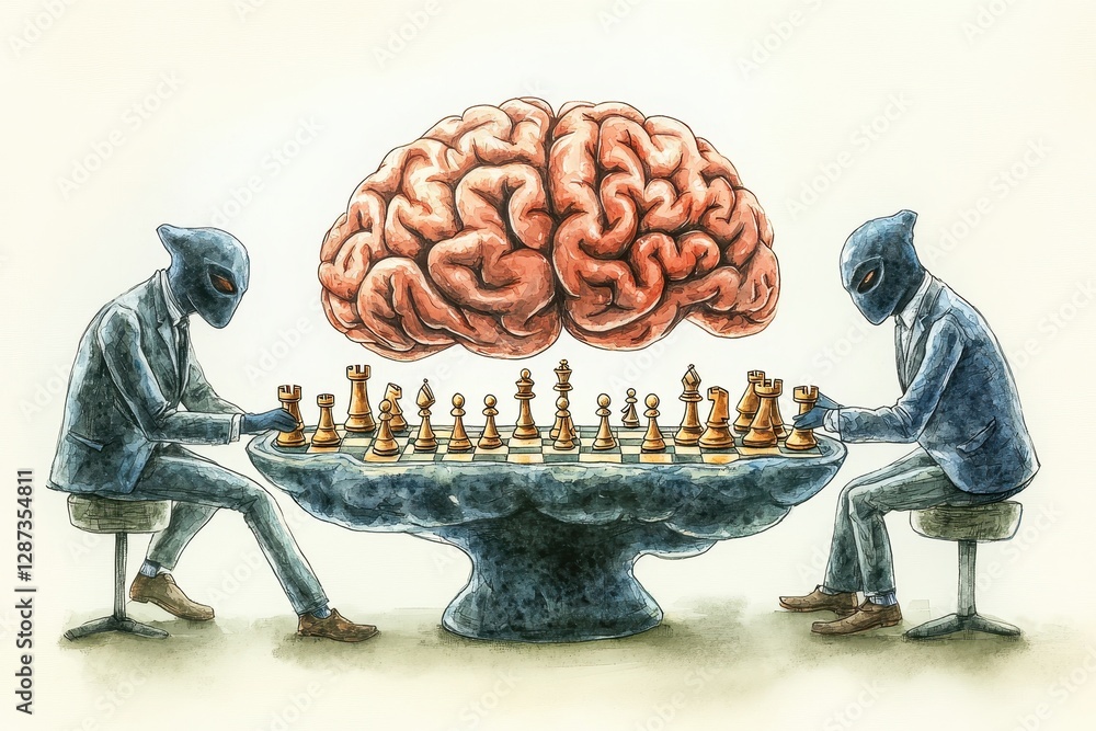 Poster two masked figures play chess, with a large brain hovering above, symbolizing strategy, intellect, a