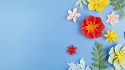 Fototapeta premium Vibrant Visual Feast: Top - View of Colorful Paper - Cut Flowers with Green Leaves on Blue Background