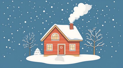 Fototapeta premium Cozy Red House Snow Winter Scene Christmas Eve