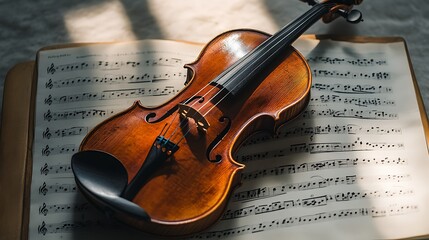 Naklejka premium Violin Resting on Sheet Music Creating Warm and Artistic Musical Scene