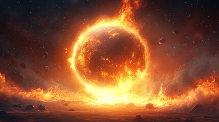 Fiery planet engulfed in flames, cosmic debris surrounds it.