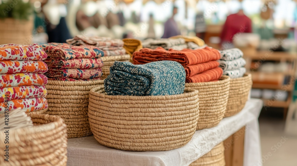 Poster a vibrant display of colorful fabrics neatly arranged in woven baskets at a market, showcasing a ble