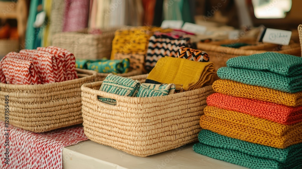 Poster a vibrant display of woven baskets filled with colorful fabric, showcasing a mix of patterns and tex
