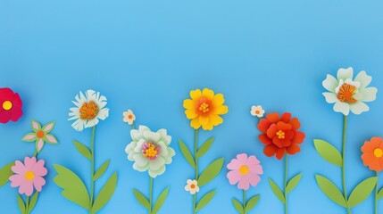 Vibrant Visual Feast: Top - View of Colorful Paper - Cut Flowers with Green Leaves on Blue Background