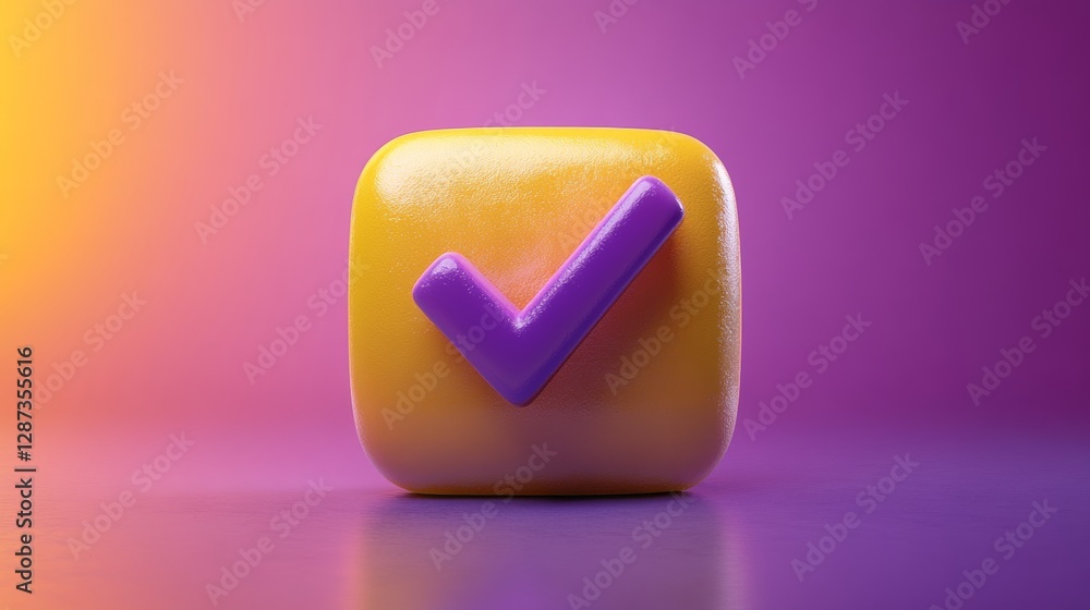Poster yellow square icon with purple check mark on a gradient background. digital approval and confirmatio