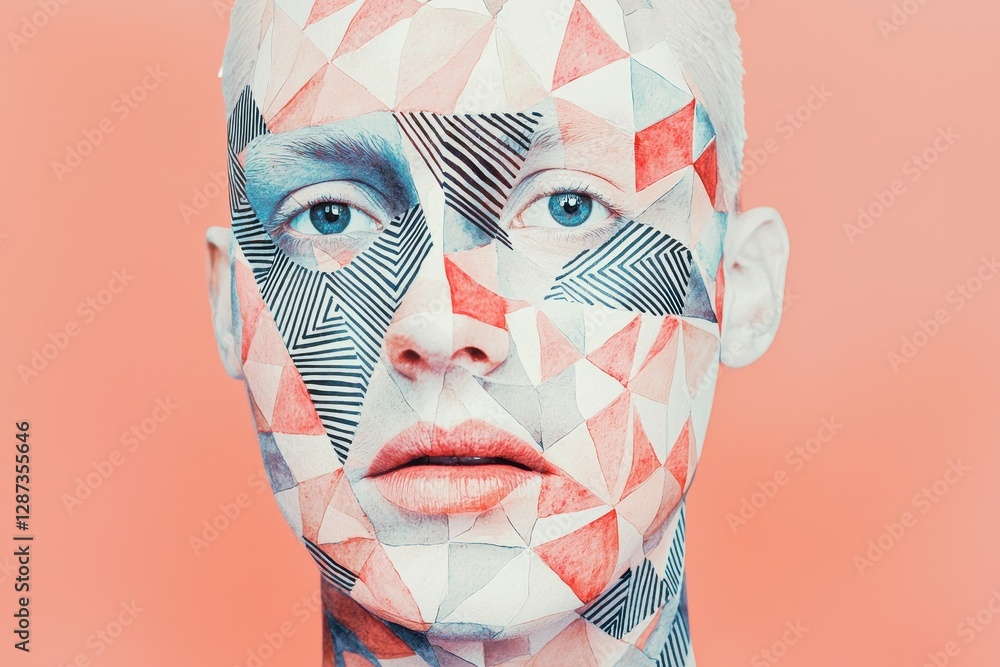 Poster a close-up portrait of a person with a creatively painted face featuring geometric patterns in red, 