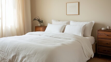 A serene bedroom featuring a neatly made bed with white linens, wooden furniture, and natural light filtering through sheer curtains.