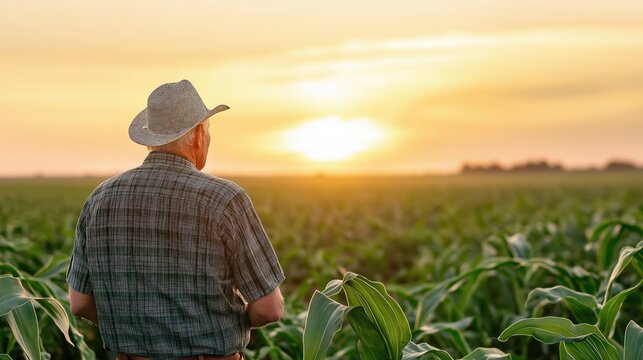 Senior farmer standing in field looking at his crop at sunset. - Powered by Adobe
