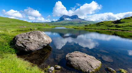 Mountain lake reflection, scenic landscape, summer sky