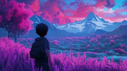 Fototapeta premium A young boy gazes at a vibrant landscape of purple grass and mountains under a colorful sky at twilight